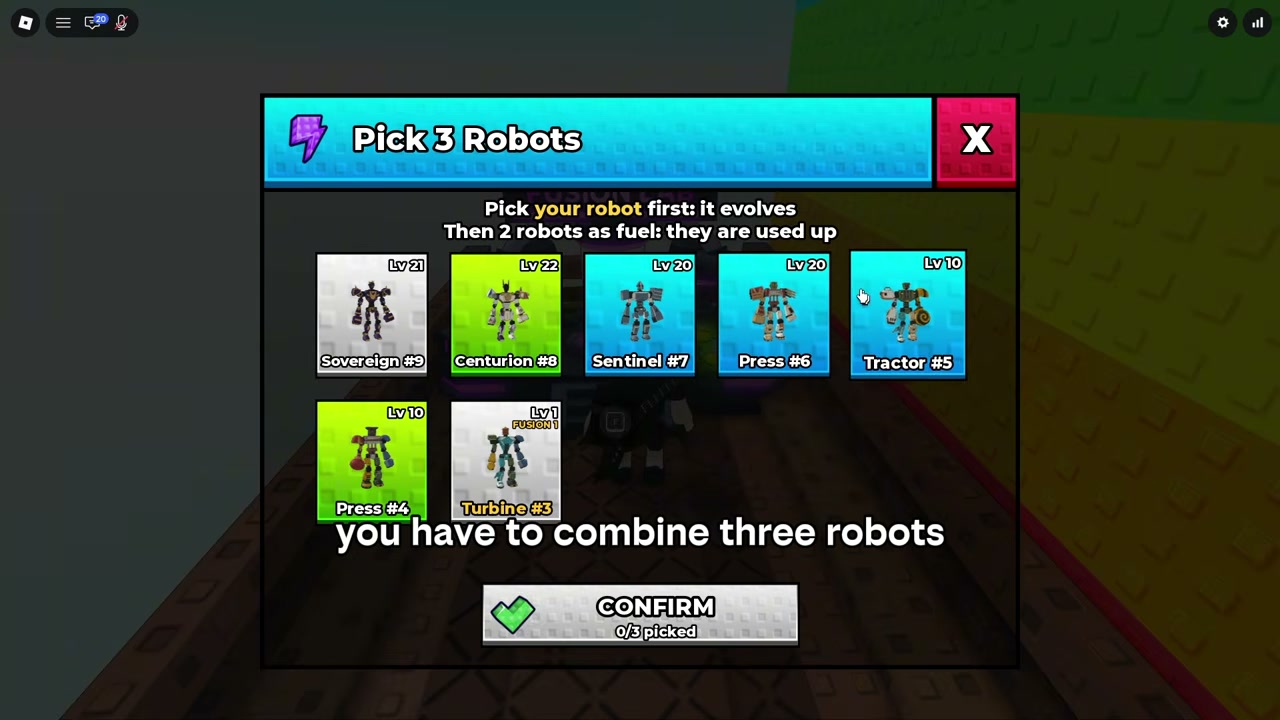 Fusion selection screen where the first robot is the target and two more are marked as fuel