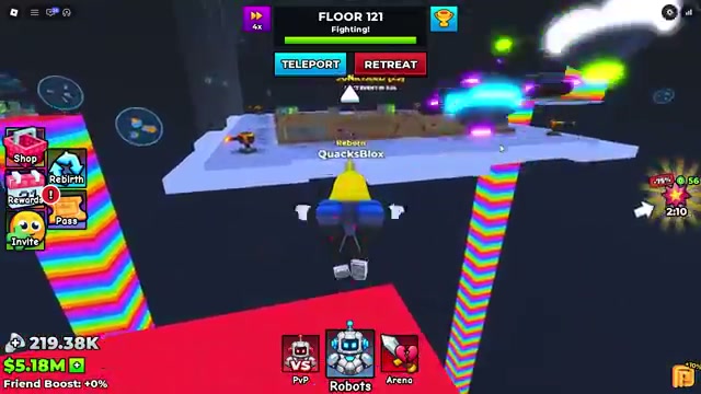 Arena HUD showing FLOOR 121, a Fighting status and TELEPORT and RETREAT buttons